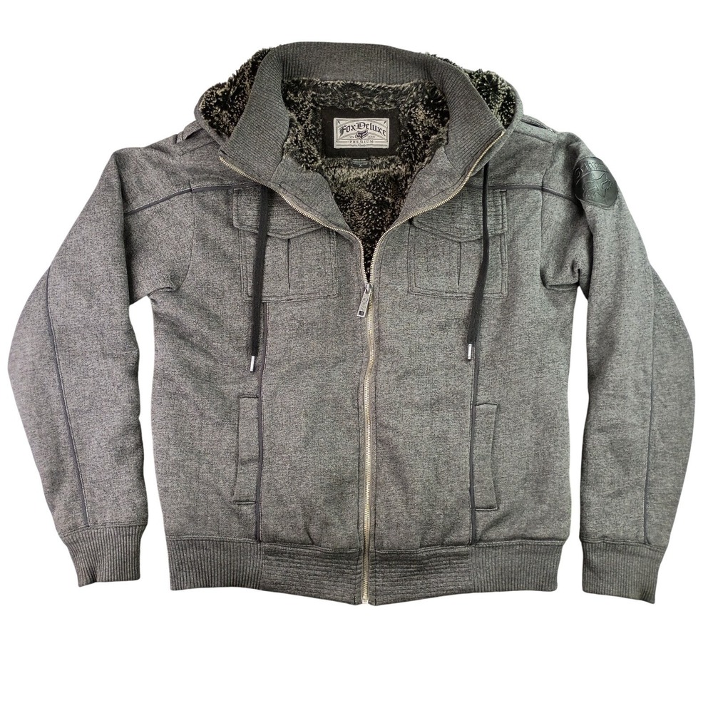 Fox Deluxe Men Large Gray Full Zip Hooded Faux Fur Lined Cozy Warm Jacket Hoodie